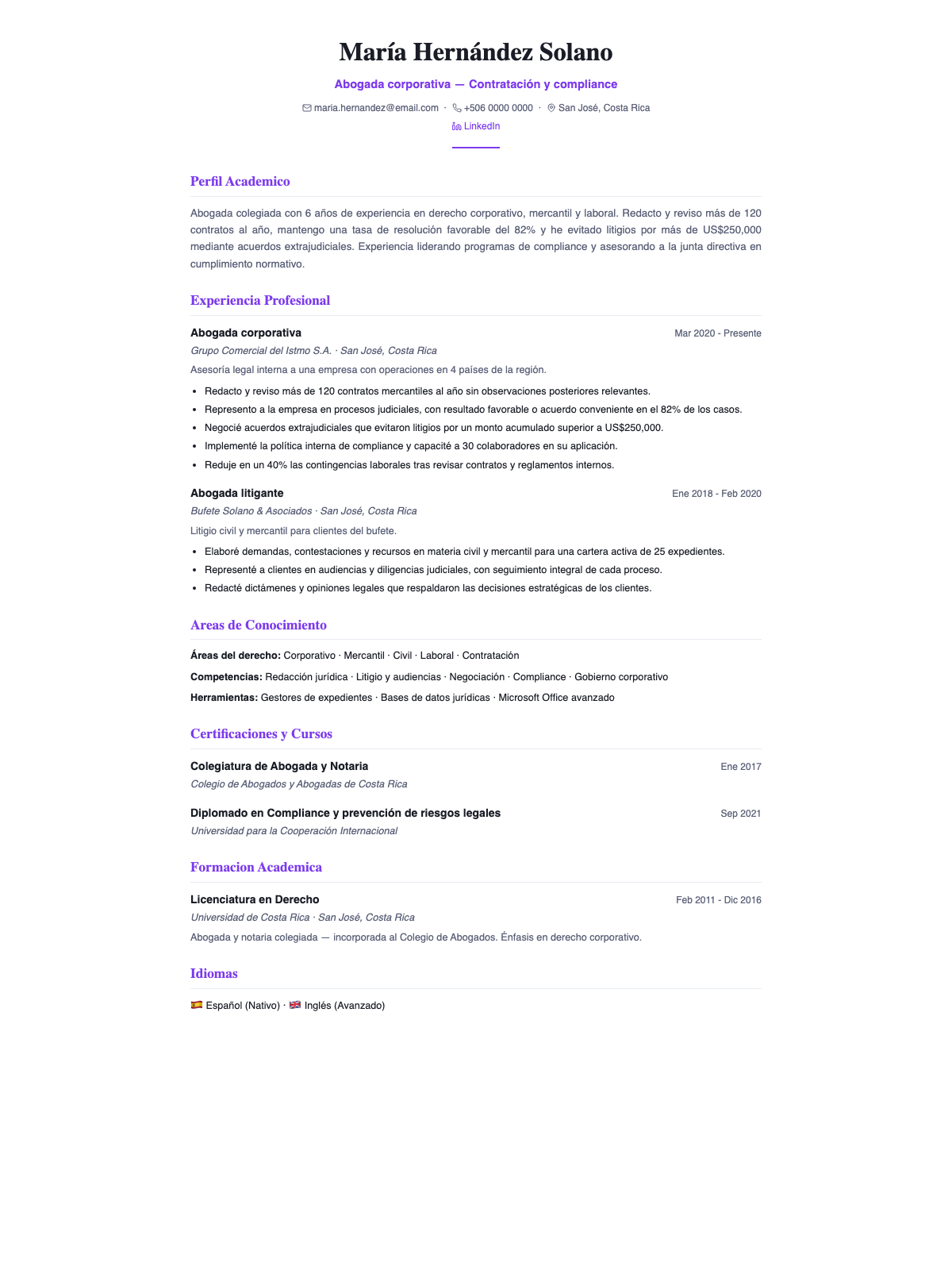 Ejemplo de CV para abogado — plantilla académica con áreas del derecho, casos gestionados y resultados