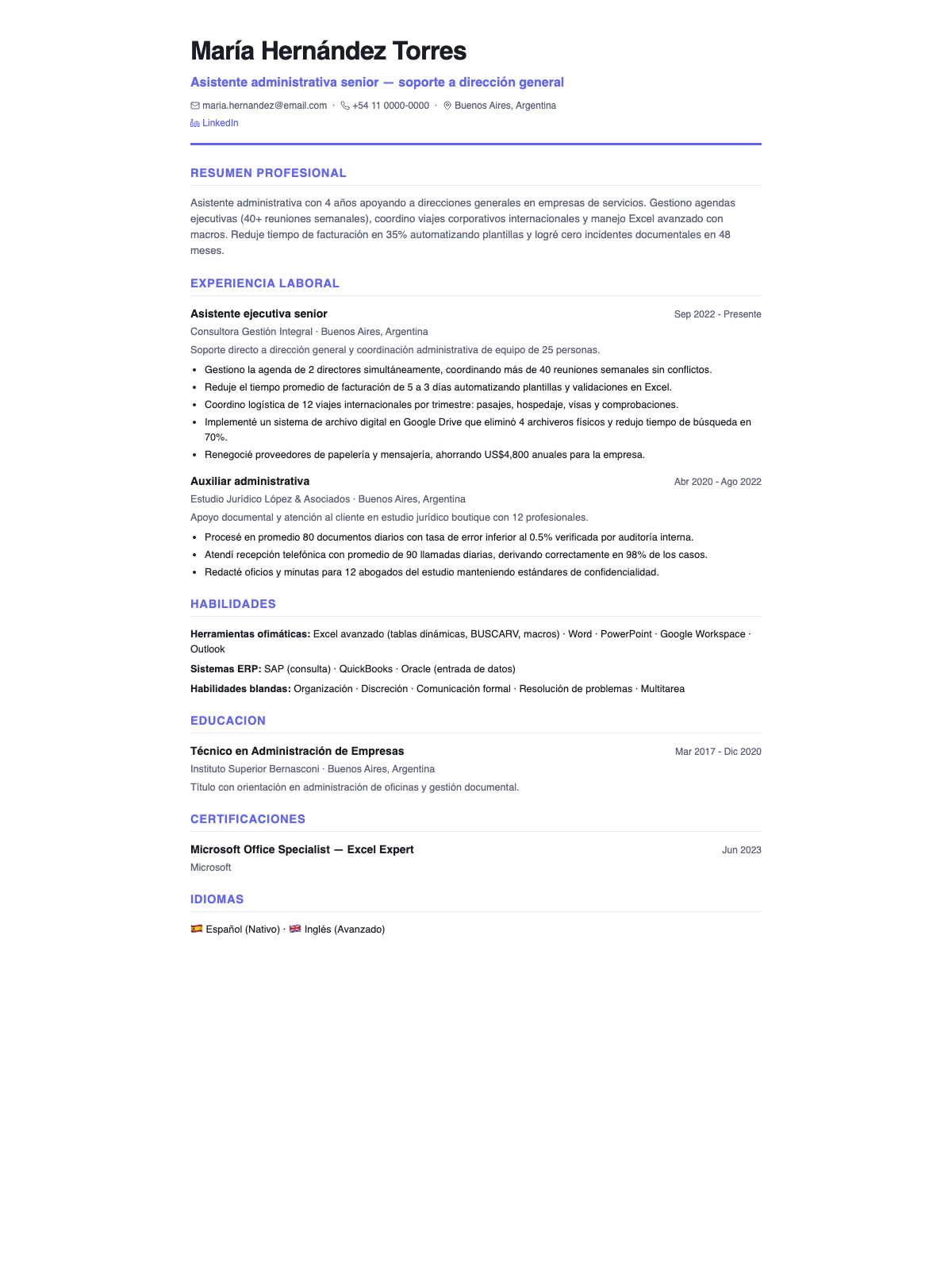 Ejemplo de CV para asistente administrativo — plantilla clásica con habilidades Office y gestión documental