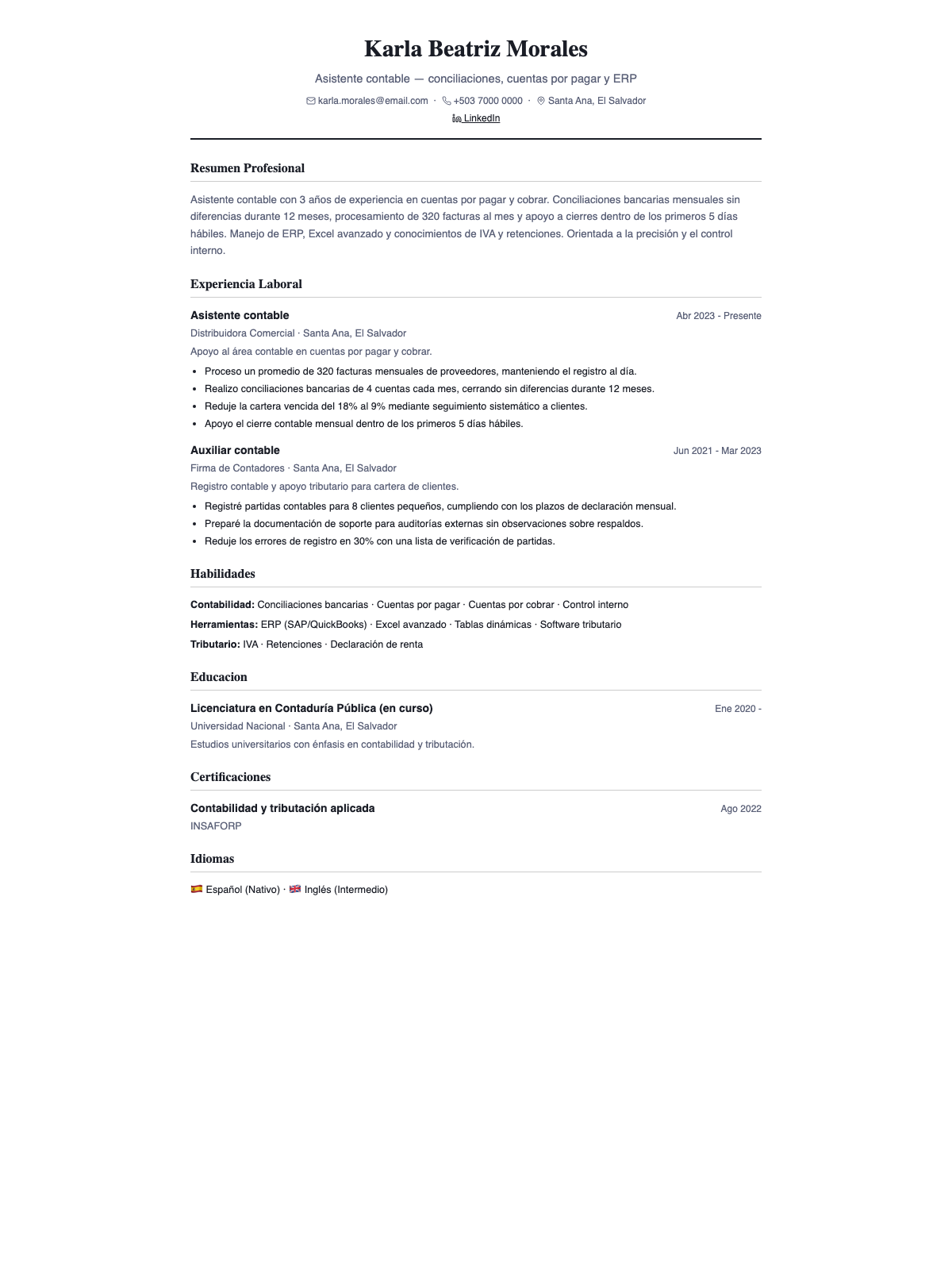 Ejemplo de CV para asistente contable — plantilla clásica con logros contables cuantificados