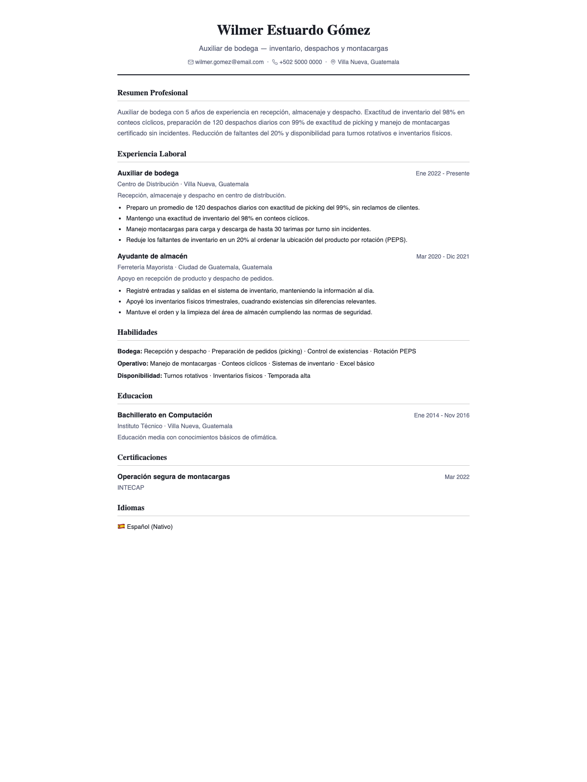 Ejemplo de CV para auxiliar de bodega — plantilla clásica con inventario, despachos y manejo de montacargas