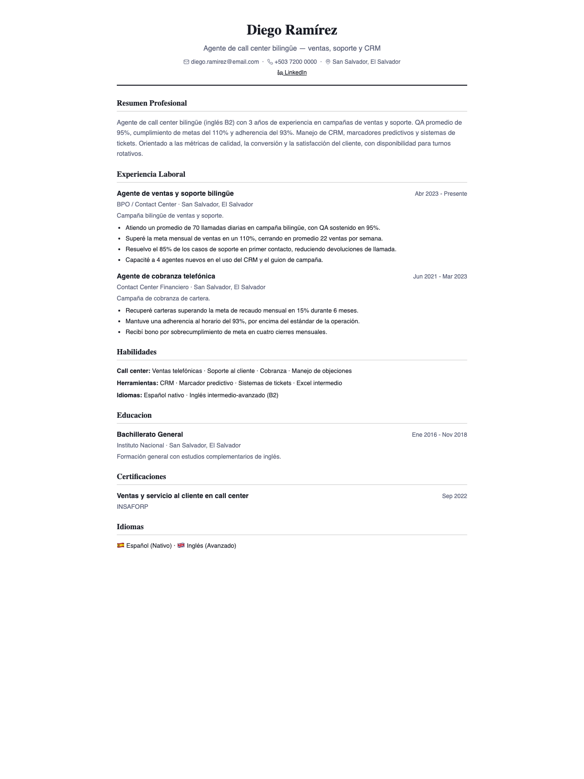Ejemplo de CV para agente de call center — plantilla clásica con métricas de calidad y metas cuantificadas