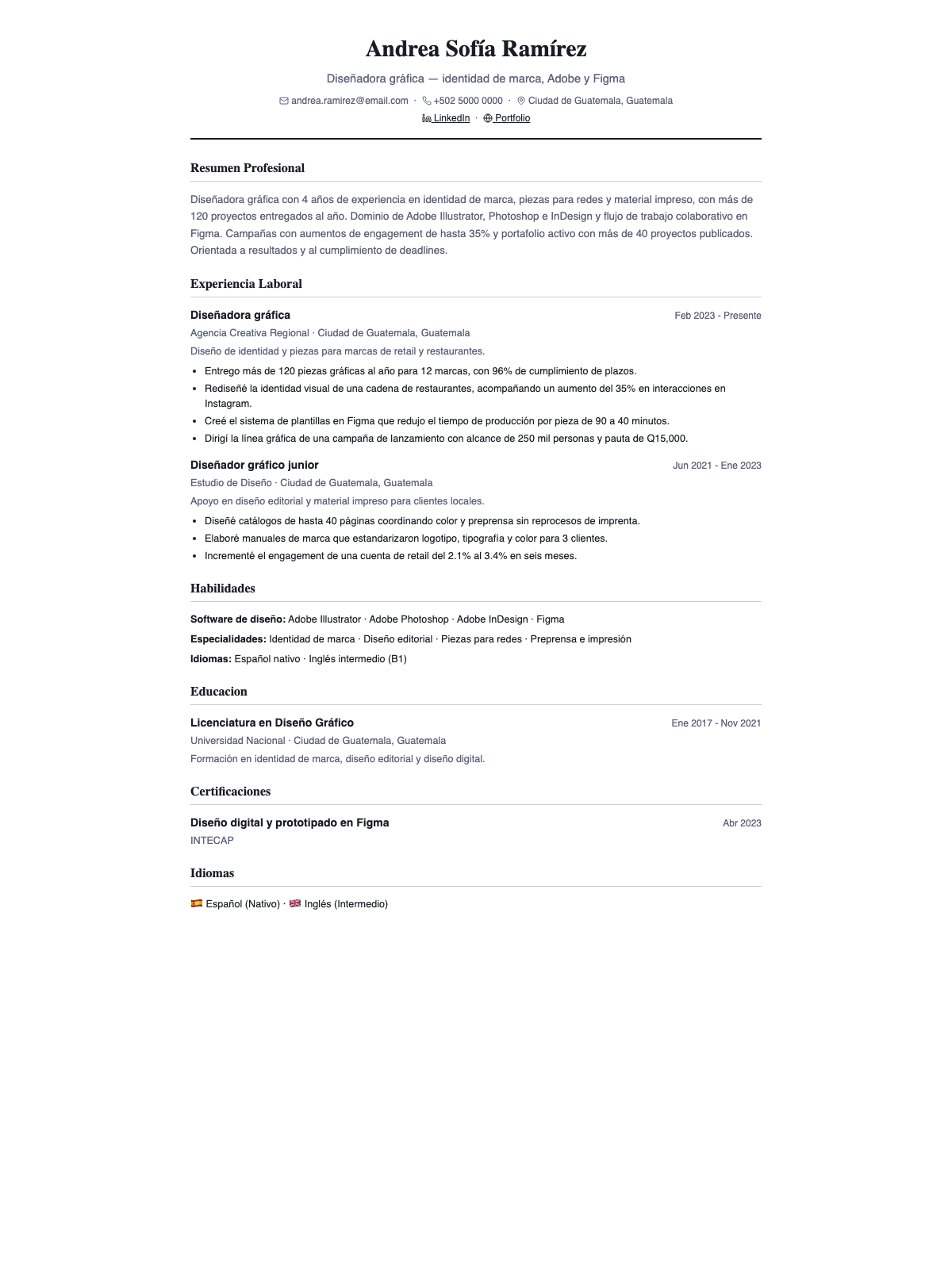 Ejemplo de CV para diseñador gráfico — plantilla clásica con portafolio y proyectos cuantificados