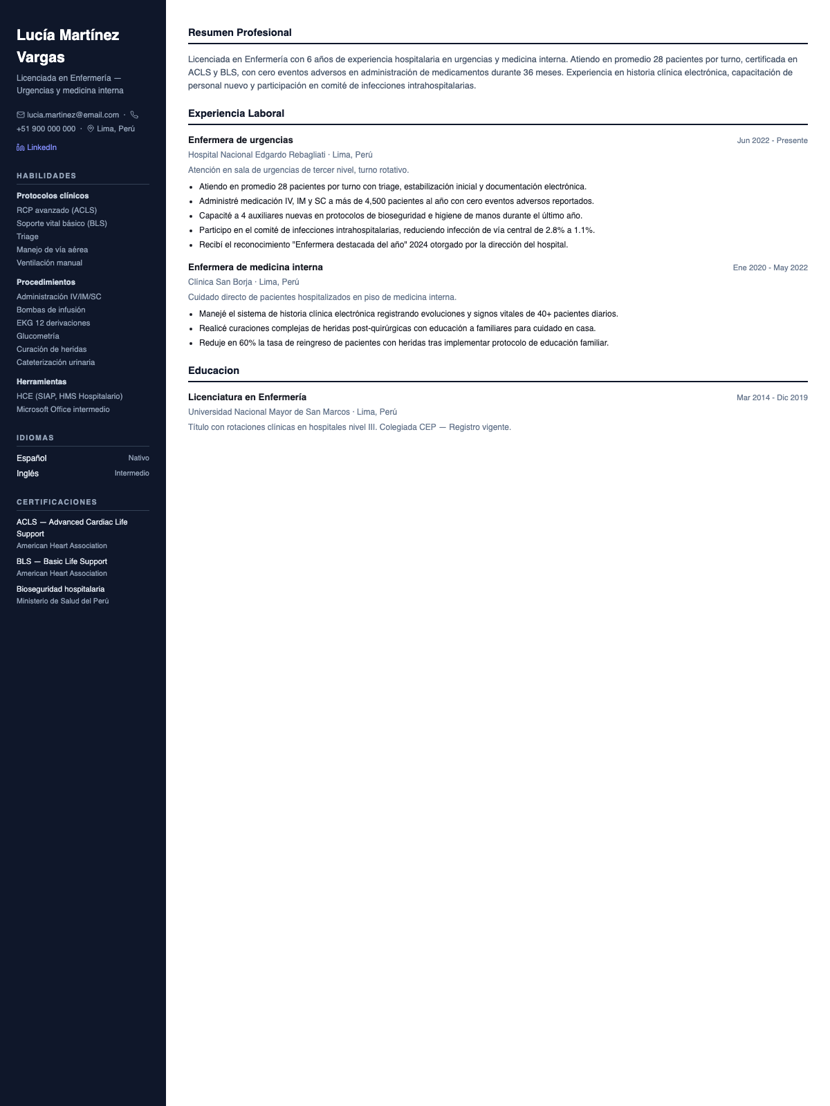 Ejemplo de CV para enfermera — plantilla ejecutiva con certificaciones clínicas, experiencia hospitalaria y protocolos