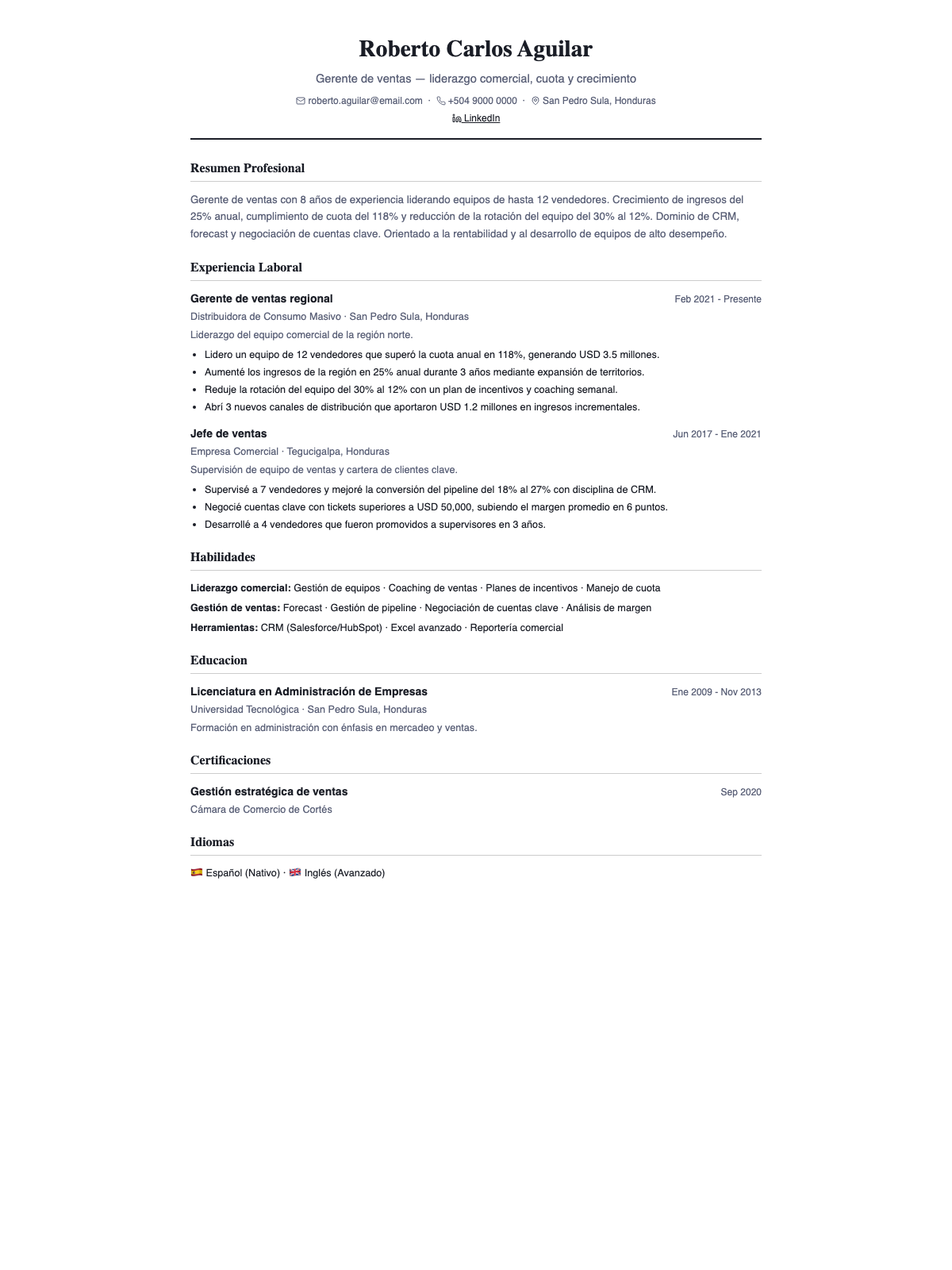 Ejemplo de CV para gerente de ventas — plantilla clásica con logros comerciales cuantificados