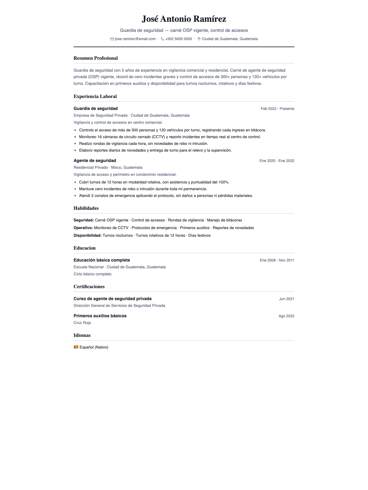 Ejemplo de CV para guardia de seguridad — plantilla clásica con carné OSP, turnos y control de accesos