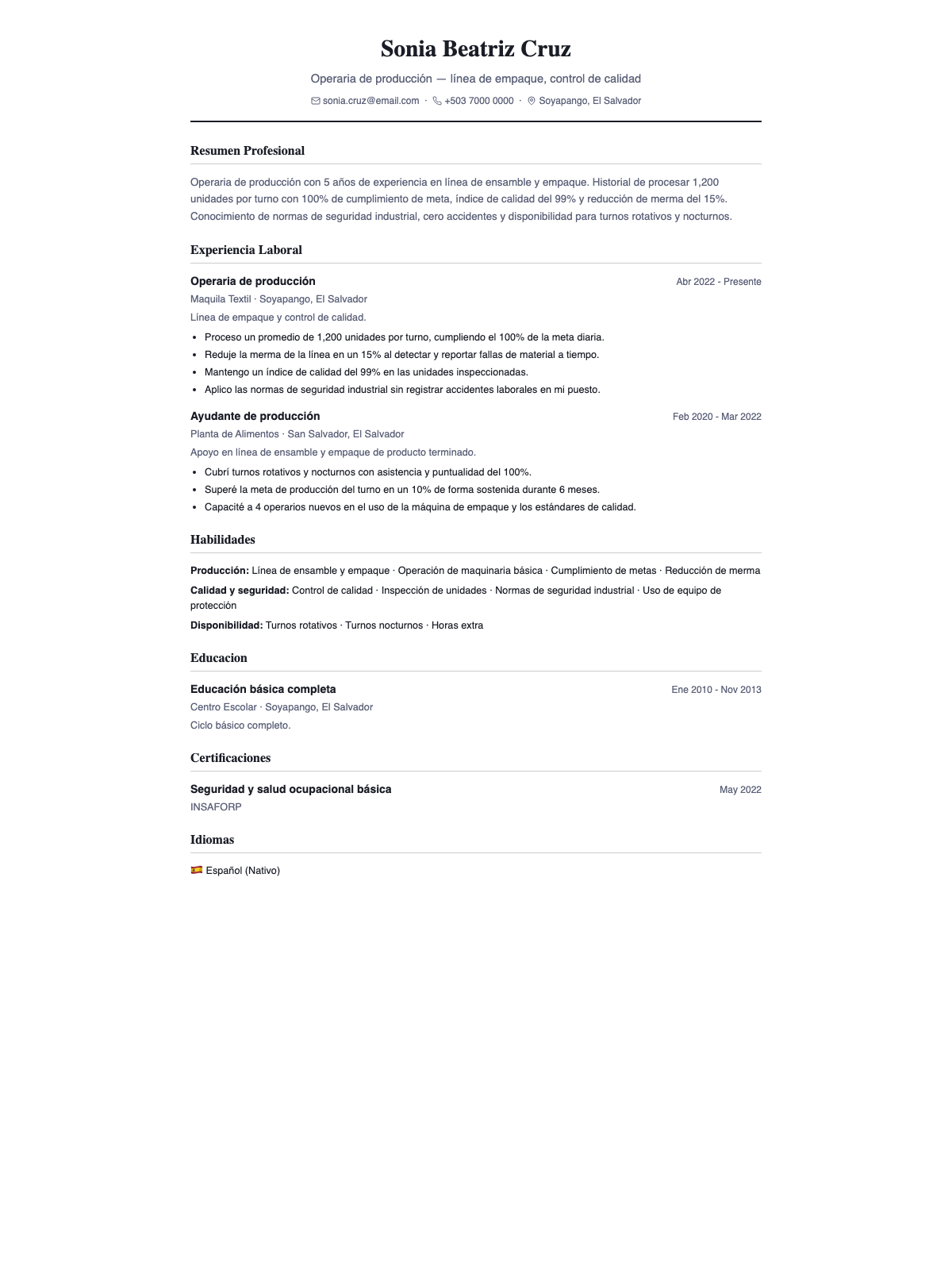 Ejemplo de CV para operario de producción — plantilla clásica con unidades procesadas, metas de línea y calidad