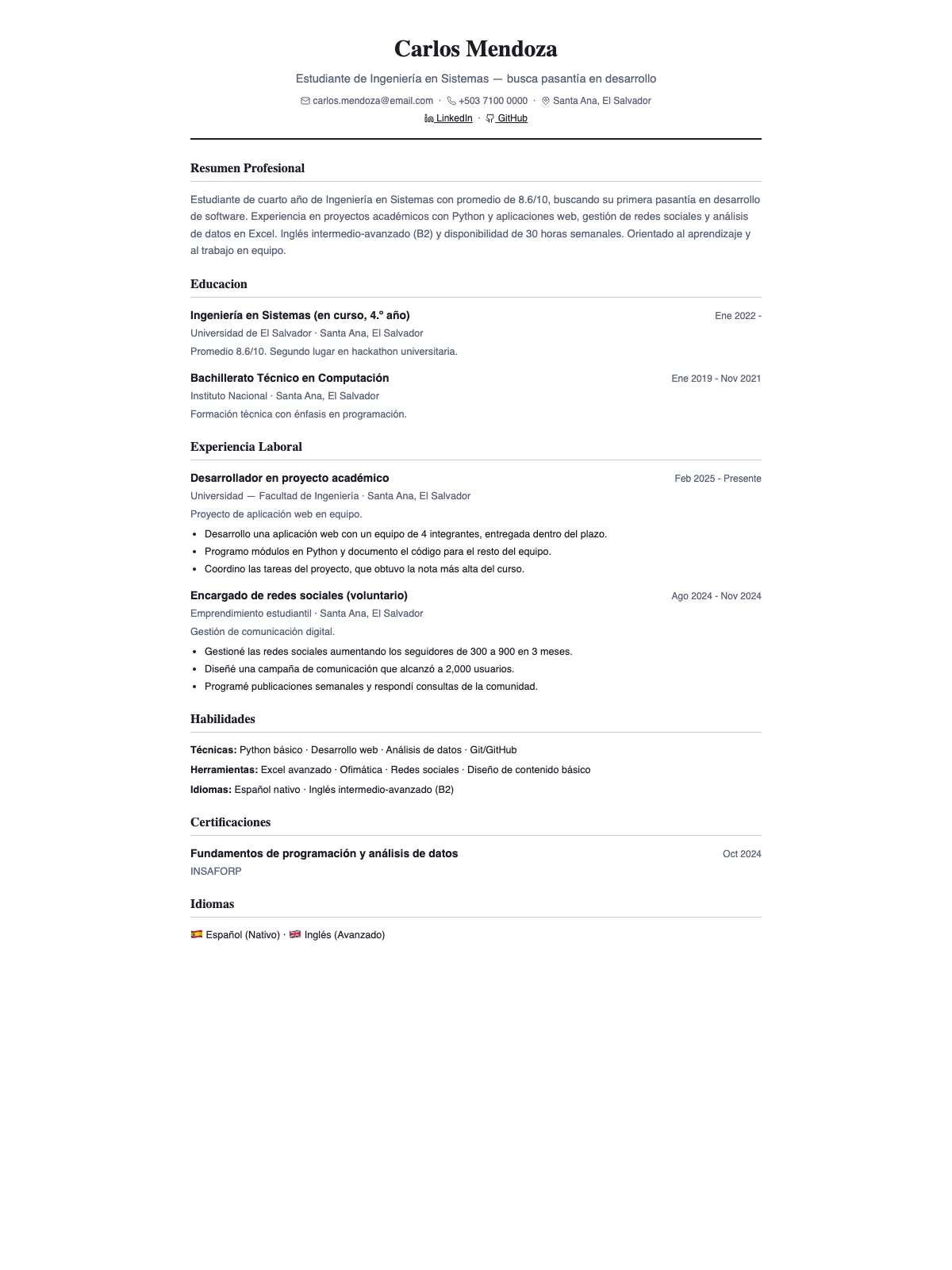 Ejemplo de CV para pasantía — plantilla clásica con formación, proyectos y habilidades transferibles