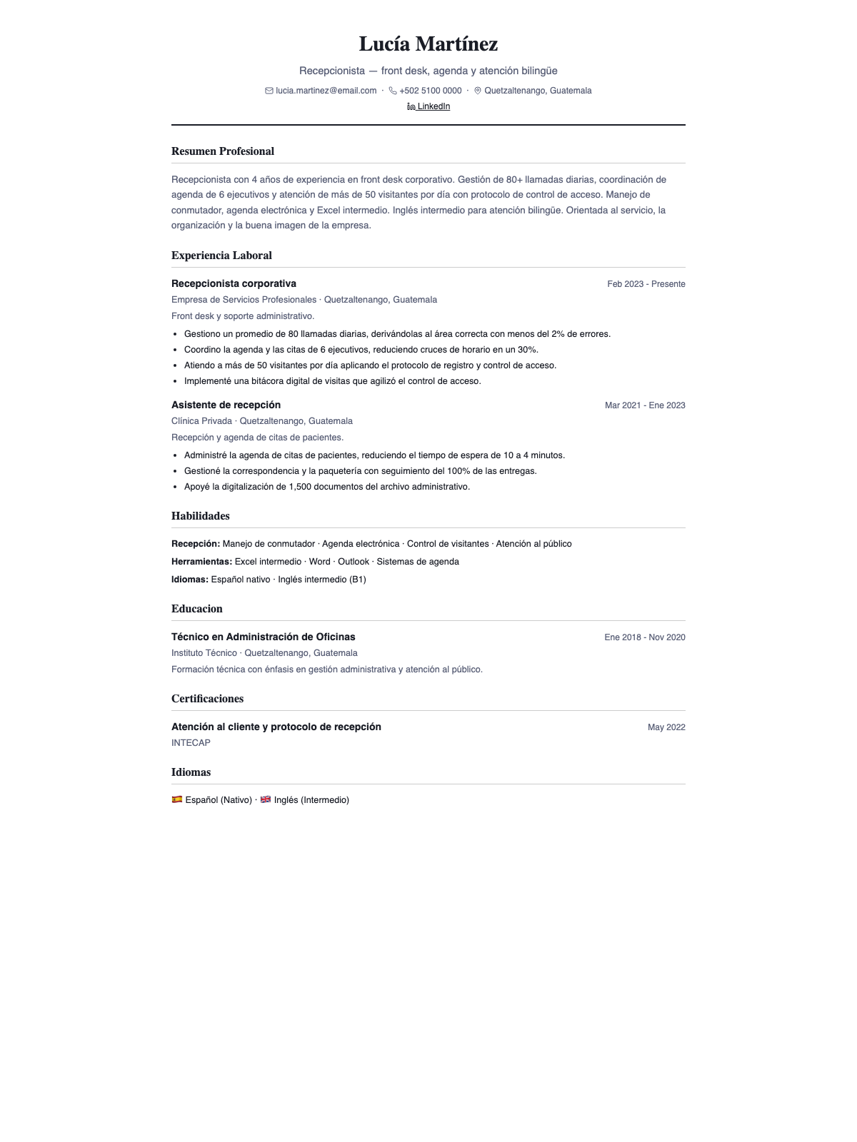 Ejemplo de CV para recepcionista — plantilla clásica con logros de recepción y atención cuantificados