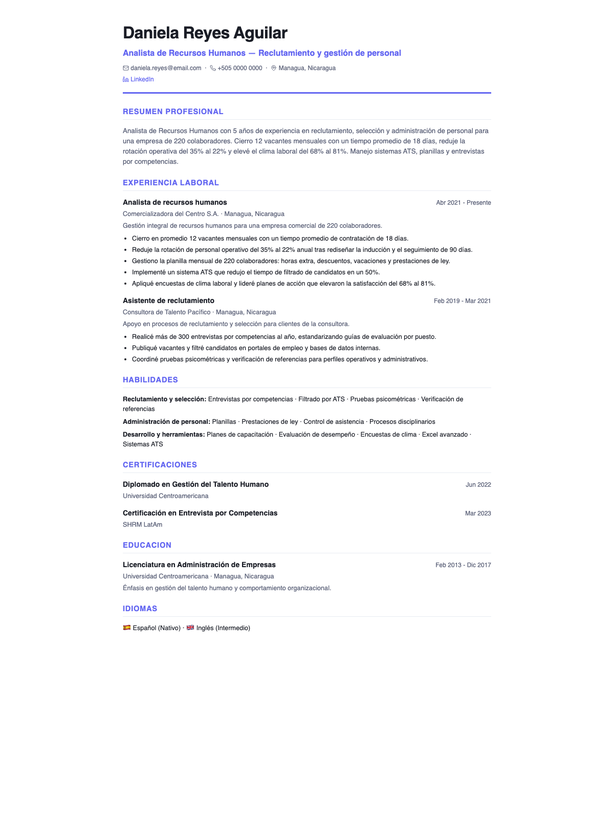 Ejemplo de CV para recursos humanos — plantilla moderna con reclutamiento, planillas y clima laboral